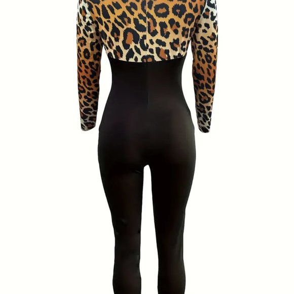 Contrast Leopard & Letter Print Jumpsuit, Sexy Long Sleeve Skinny Jumpsuit - Picture 2 of 4